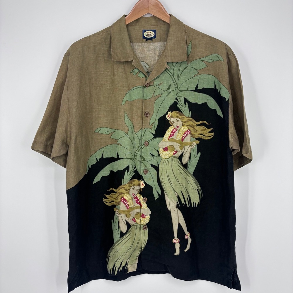 Tommy Bahama Olive & Black Palm Hula Girl Camp Shirt